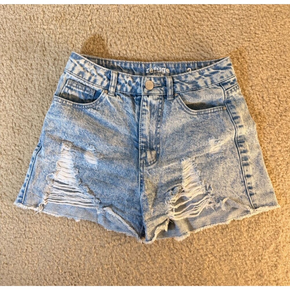 Refuge Denim Women's High Rise Distressed Acid Wash Jean Shorts Size 3